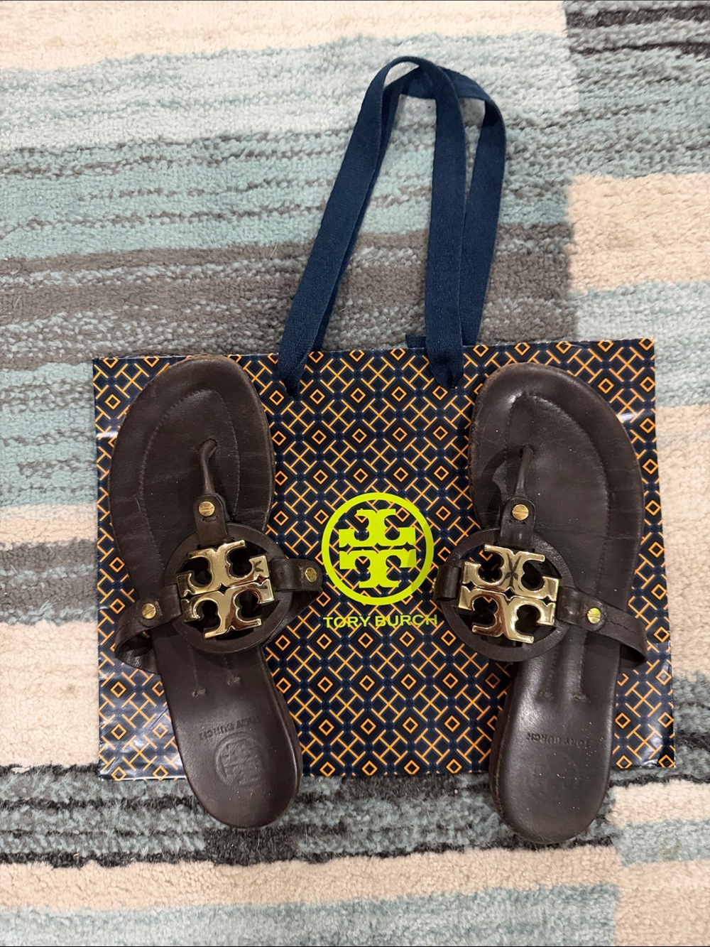 Tory Burch Dark Brown Leather Logo Thong Sandals with Gold Medallions